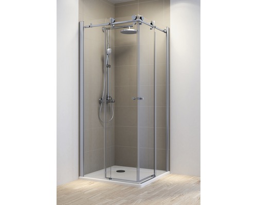 Cabină de duș pătrată Schulte MasterClass, 100x100x200 cm, uși glisante, sticlă securizată transparentă, profil cromat