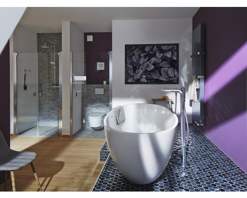 Baie luminoasă cu cadă de sine stătătoare, duș și toaletă