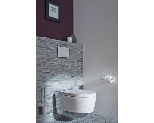 Baie modernă cu toaletă suspendată, rezervor de apă și suport pentru hârtie igienică