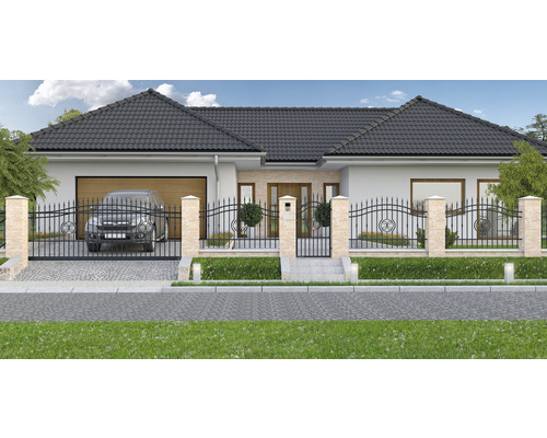 Casă unifamilială cu poartă de intrare și gard de grădină
