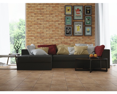 Cameră de zi cu perete de cărămidă, canapea, perne și tablouri decorative cu tematică de cafea