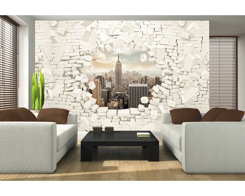 Living cu fototapet New York cu aspect de piatră
