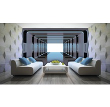 Living modern cu canapele albe, măsuță de cafea și design futurist al pereților