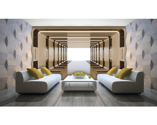 Living modern cu design futurist al pereților, canapele și masă