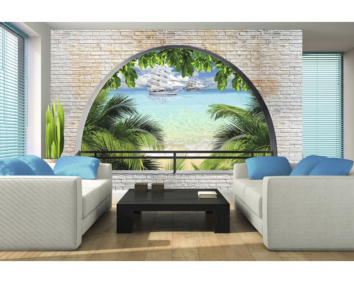 Cameră de zi cu fototapet cu vedere la mare și veliere