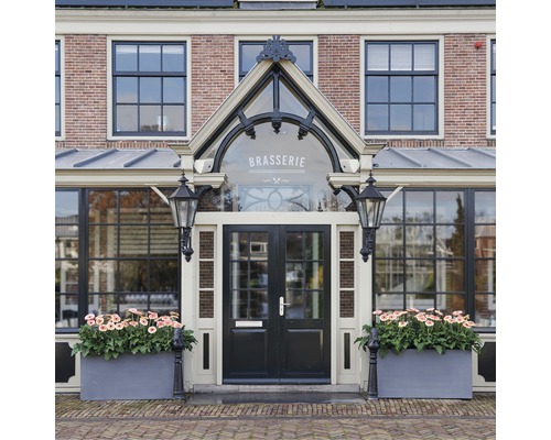 Fațada unei clădiri braserie cu ușă de intrare și jardiniere.