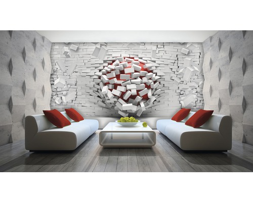 Living decorativ cu tapet cu zid de cărămidă distrus