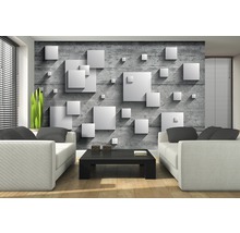 Living cu tapet gri cu aspect de beton și pătrate albe 3D