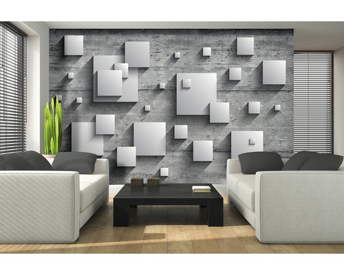 Living cu tapet gri cu aspect de beton și pătrate albe 3D