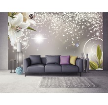 Living cu canapea, covor, decor și fototapet cu model floral