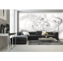 Cameră de zi cu canapea gri, covor și fototapet cu model cub alb