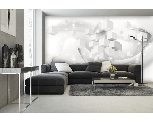 Cameră de zi cu canapea gri, covor și fototapet cu model cub alb