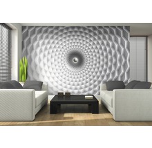 Living cu canapele albe și un fototapet cu design tunel 3D