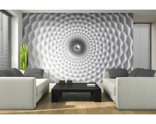 Living cu canapele albe și un fototapet cu design tunel 3D