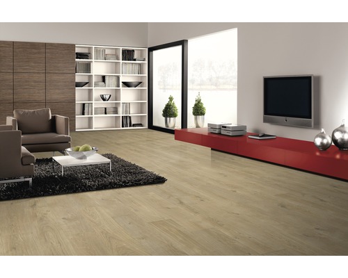 Cameră de zi cu podea din lemn deschis la culoare, zonă de relaxare și bibliotecă