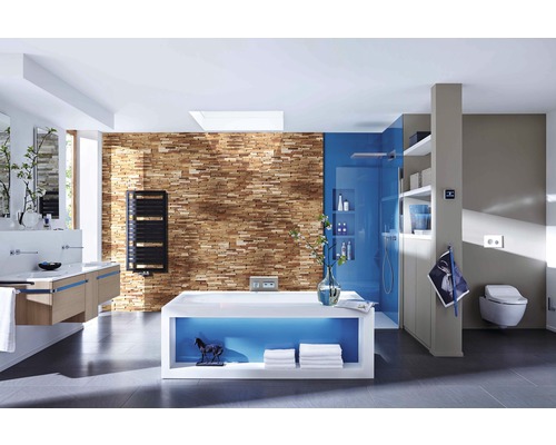 Baie luminoasă cu duș, chiuvetă, cadă și toaletă.