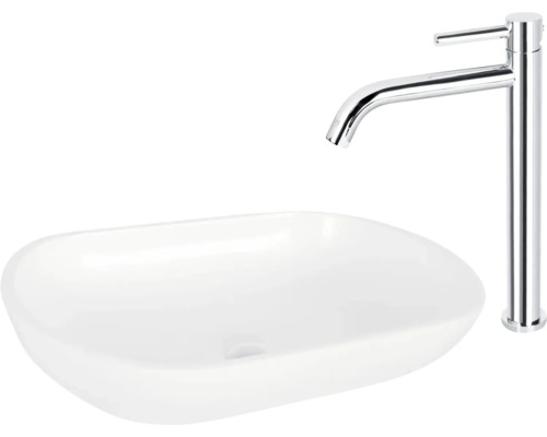 Lavoar ceramic pe blat cu robinet înalt