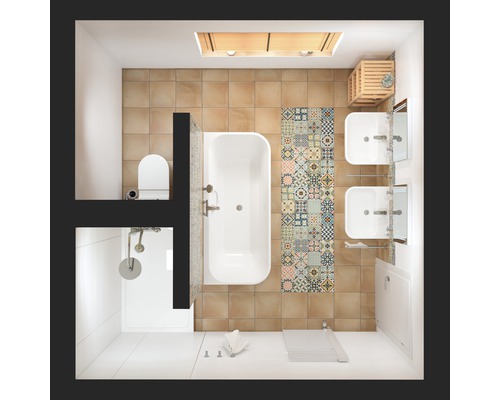 Perspectivă de sus a unei băi cu cadă, duș, toaletă și chiuvete