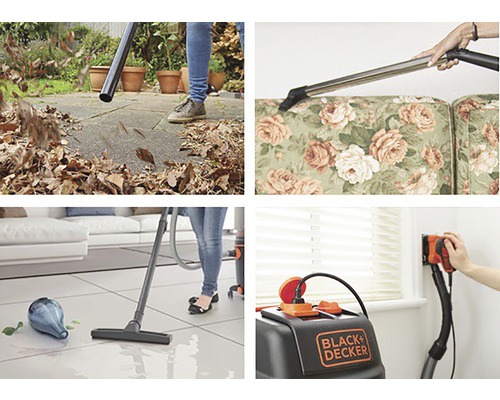 Mai multe imagini cu un aspirator multifuncțional în uz, cum ar fi îndepărtarea frunzelor, curățarea unei canapele, aspirarea lichidelor vărsate și șlefuirea unui perete.