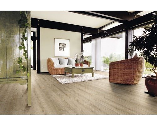 Cameră de zi luminoasă cu podea din lemn, canapea și fotoliu din împletituri