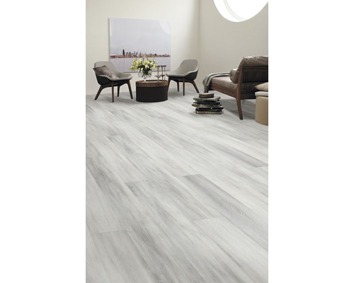 Cameră de zi luminoasă cu podea laminată cu aspect de lemn, două scaune, canapea și decorațiuni.