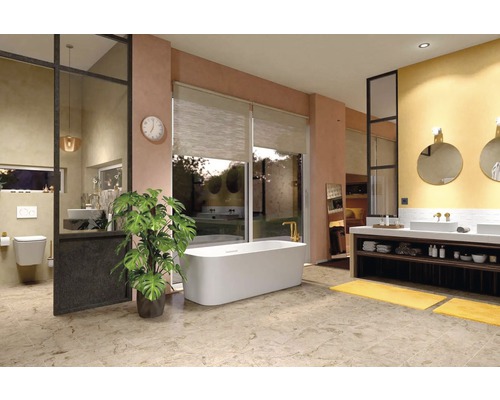 Baie luminoasă cu cadă, chiuvetă și plantă