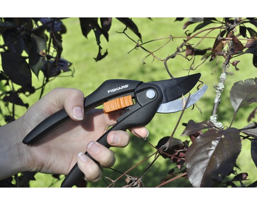 O mână taie o ramură cu o foarfecă de grădină Fiskars