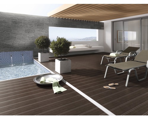 Terasa cu piscină, două șezlonguri și plante în ghivece