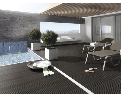 Terasa cu piscină, șezlonguri și plante