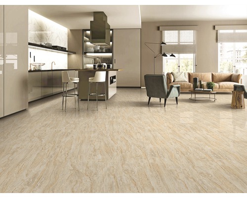 Cameră de zi luminoasă cu bucătărie și cameră de zi cu gresie cu aspect de marmură