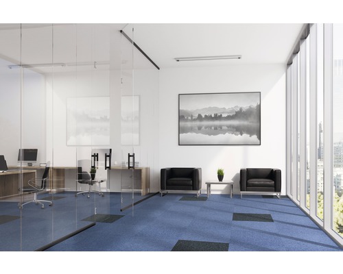 Birou modern cu pereți de sticlă, plăci de mochetă albastre, fotolii și ferestre