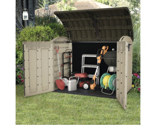 Dulap de grădină deschis din plastic cu unelte de grădinărit