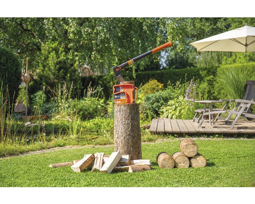 Ambianță de grădină cu un topor și un despicător de lemn pe un butuc de lemn, înconjurat de bucăți de lemn