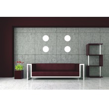 Living modern cu canapea, raft, plantă la ghiveci și lămpi de perete