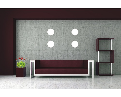 Living modern cu canapea, raft, plantă la ghiveci și lămpi de perete