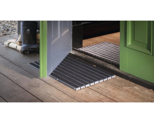 Zona de intrare cu covoraș de intrare, ușă și podea din lemn