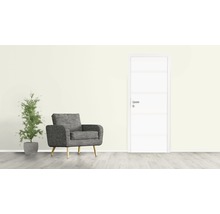 Scenă de sufragerie cu fotoliu, plantă de interior și ușă interioară
