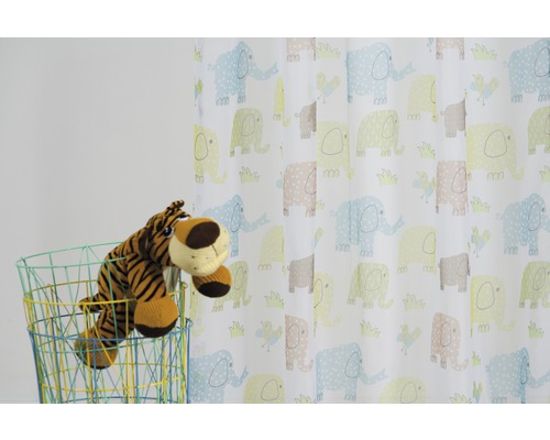Cortină de duș cu model cu elefanți și tigru de jucărie într-un coș de sârmă