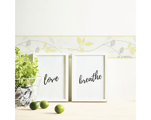 Decoratiune de perete cu bordură, rame foto cu cuvintele dragoste și respiră, plantă la ghiveci și lime