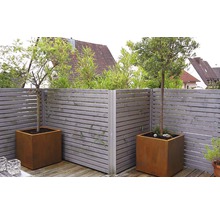 Scenă de grădină cu gard din lemn și jardiniere