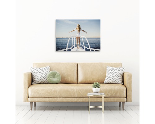 Cameră de zi cu canapea și decor de perete: Femeie pe o barcă