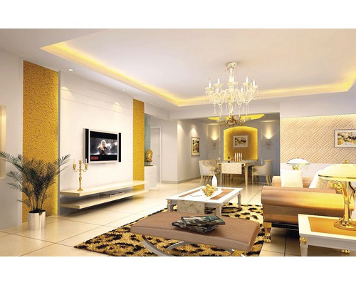 Interior cu living și zonă de luat masa, cu mobilier și decorațiuni