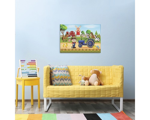 Ilustrație cu o fermă cu tractor și animale ca tablou de perete