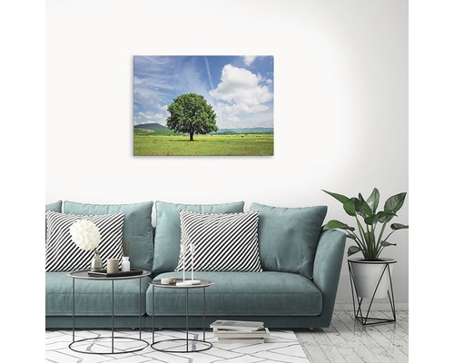 Tablou canvas cu peisaj cu copaci deasupra unei canapele într-o sufragerie