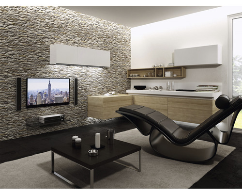 Living luminos cu perete de piatră, televizor, rafturi, masă și șezlong