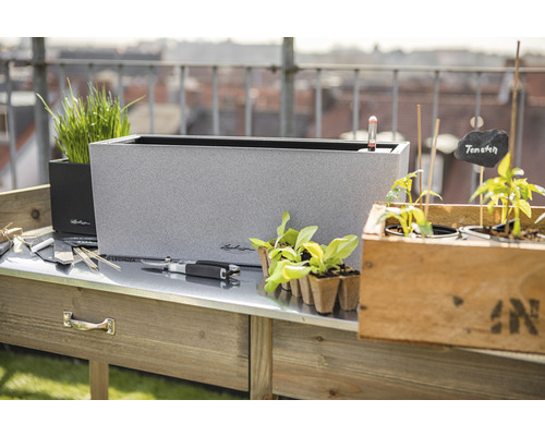 Scenă cu masă de plantare, jardiniere și accesorii de grădină pentru exterior.