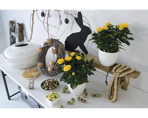 Decorațiuni festive de Paște cu trandafiri, ouă de Paște și iepurași de Paște pe o masă.