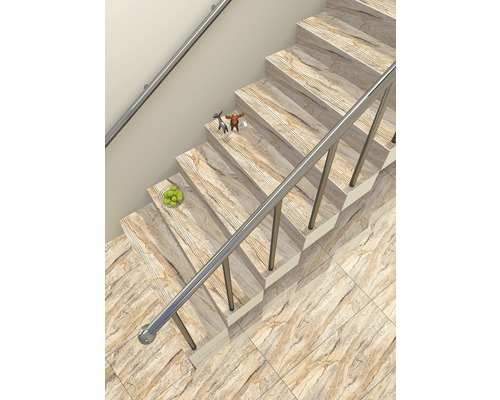 Scară cu balustradă și plăci ceramice cu aspect de lemn