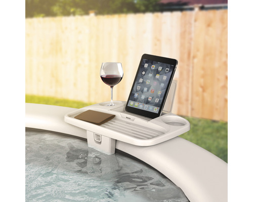 Tabletă, pahar de vin și suport pe o tavă pentru cadă cu hidromasaj
