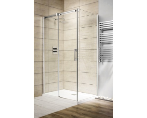 Cabină de duș pe colț cu intrare pe colț și cadă de duș în baie